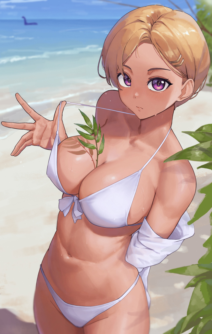 1girl absurdres between_breasts bikini blonde_hair blue_sky breasts cloud collared_shirt commentary day dress_shirt front-tie_bikini_top front-tie_top highres large_breasts loch_ness_monster mori_makoto original outdoors parted_bangs purple_eyes shirt short_hair sky solo swimsuit when_you_see_it white_bikini white_shirt