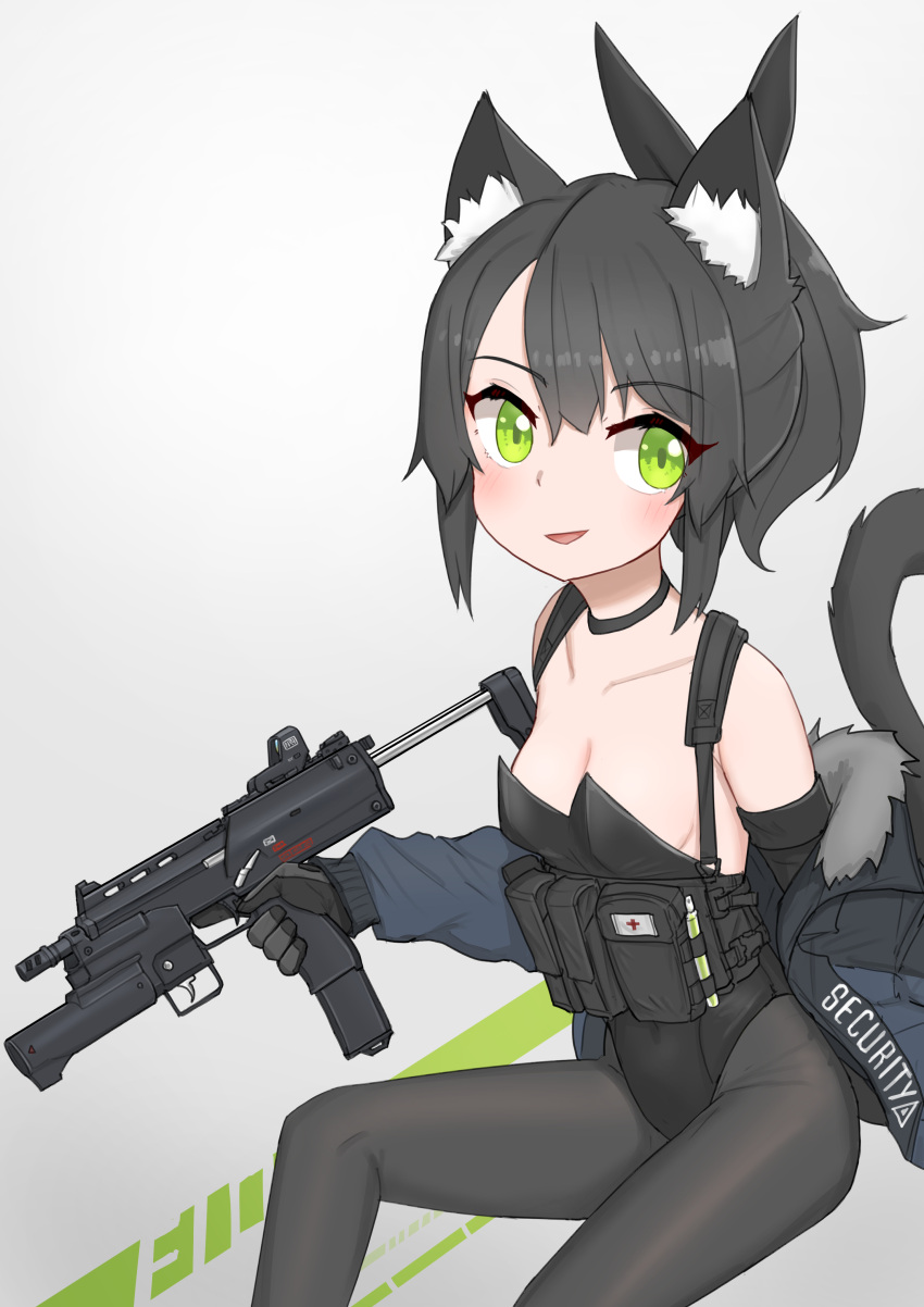 1girl absurdres animal_ear_fluff animal_ears black_choker black_gloves black_hair black_leotard black_pantyhose black_ribbon blush breasts cat_ears cat_tail choker collarbone elbow_gloves english_commentary extended_magazine gloves gradient_background green_eyes gun h&amp;k_mp7 hair_ribbon highres holding holding_gun holding_weapon jacket leotard load_bearing_equipment looking_at_viewer nontraditional_playboy_bunny open_clothes open_jacket original oversized_breast_cup pantyhose parted_lips ribbon short_hair simple_background small_breasts smile solo srtdrawart strapless strapless_leotard submachine_gun tail trigger_discipline weapon white_background