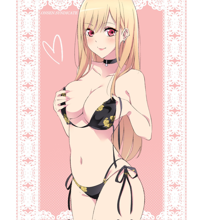 1girl barbell_piercing bikini black_choker blonde_hair breasts choker closed_mouth ear_piercing gs_(onsen_syndicate) highres industrial_piercing kitagawa_marin long_hair navel piercing red_eyes side-tie_bikini_bottom smile solo sono_bisque_doll_wa_koi_wo_suru stomach straight_hair swimsuit untied untied_bikini