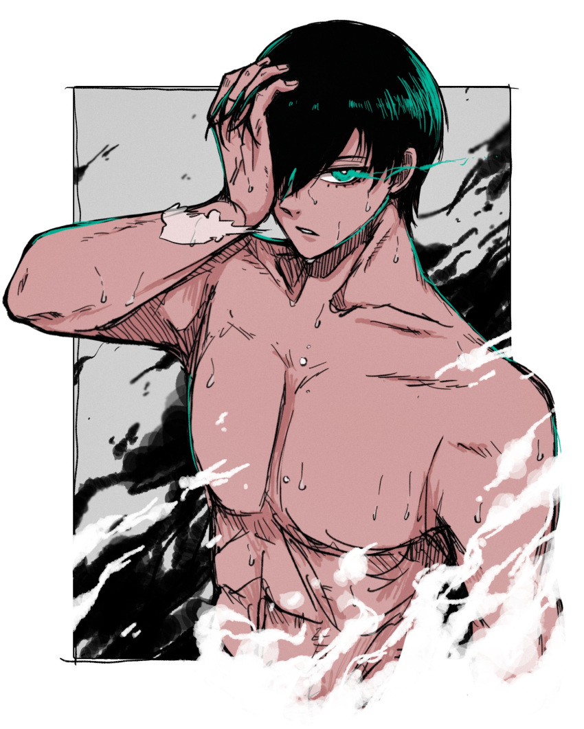 1boy abs absurdres b_lock_hinomoto blue_lock collarbone commentary english_commentary fingernails green_eyes green_hair hand_in_own_hair highres itoshi_rin looking_at_viewer male_focus parted_lips short_hair solo topless_male upper_body