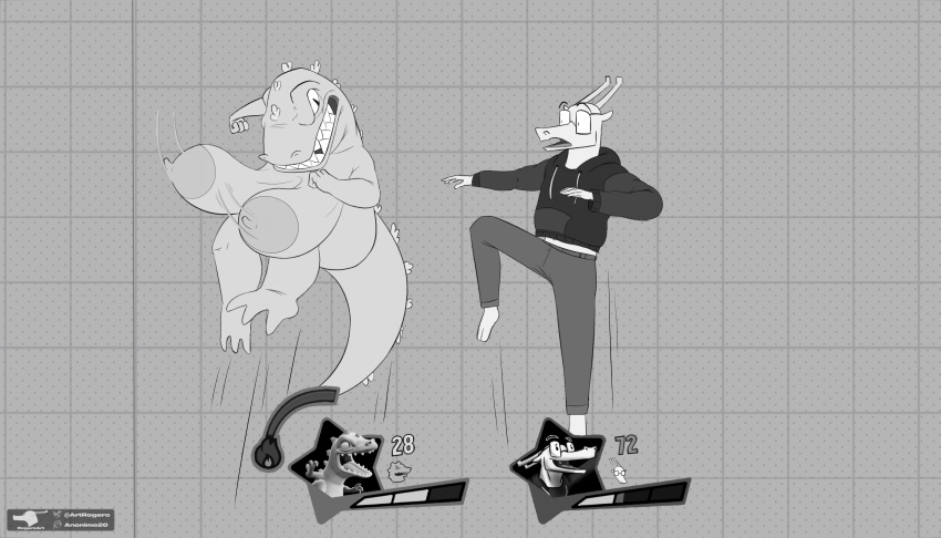 absurd_res anthro areola big_areola big_breasts bottomwear breast_slap breasts clothing dinosaur dotted_background dragon duo eyewear female gameplay_mechanics geometric_background glasses greyscale grid_background hi_res hoodie horn hud huge_breasts humanoid imminent_slap intersex intersex/male jumping kaiju male monochrome motion_lines nickelodeon nickelodeon_all-star_brawl nipples pants pattern_background reptar reptile rogero_(artist) rogero_the_dragon_(artrogero) rugrats sagging_breasts scalie simple_background slap tail teeth topwear watermark