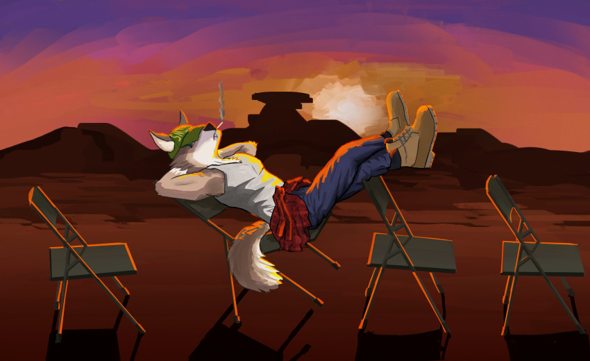 absurd_res anthro baseball_cap boots canid canine canis cape_escape chair cigarette clothing coyote desert folding_chair footwear furniture hat headgear headwear hi_res jet_adler male mammal meyneth6 rim_lighting shirt smoking solo sunset tail tank_top topwear