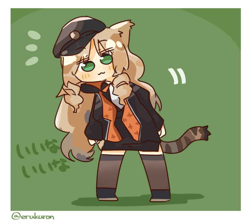 :3 arknights black_cat black_footwear black_thighhighs blush brown_hair cat chibi commentary_request drill_hair green_eyes highres lcron swire_(arknights) tail thighhighs tiger_tail translation_request twitter_username