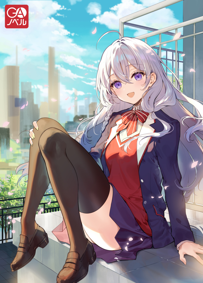 1girl absurdres ahoge black_thighhighs blazer blue_sky bow bowtie braid brown_footwear building cloud cloudy_sky collared_jacket cover cover_image crossed_bangs day elaina_(majo_no_tabitabi) floating_hair grey_hair hair_between_eyes highres jacket loafers long_hair long_sleeves looking_at_viewer majo_no_tabitabi majo_no_tabitabi:_gakuen necomi novel_illustration official_art open_clothes open_jacket open_mouth outdoors petals purple_eyes school_uniform shoes sitting skirt sky smile solo striped striped_bow striped_bowtie thighhighs thighs zettai_ryouiki