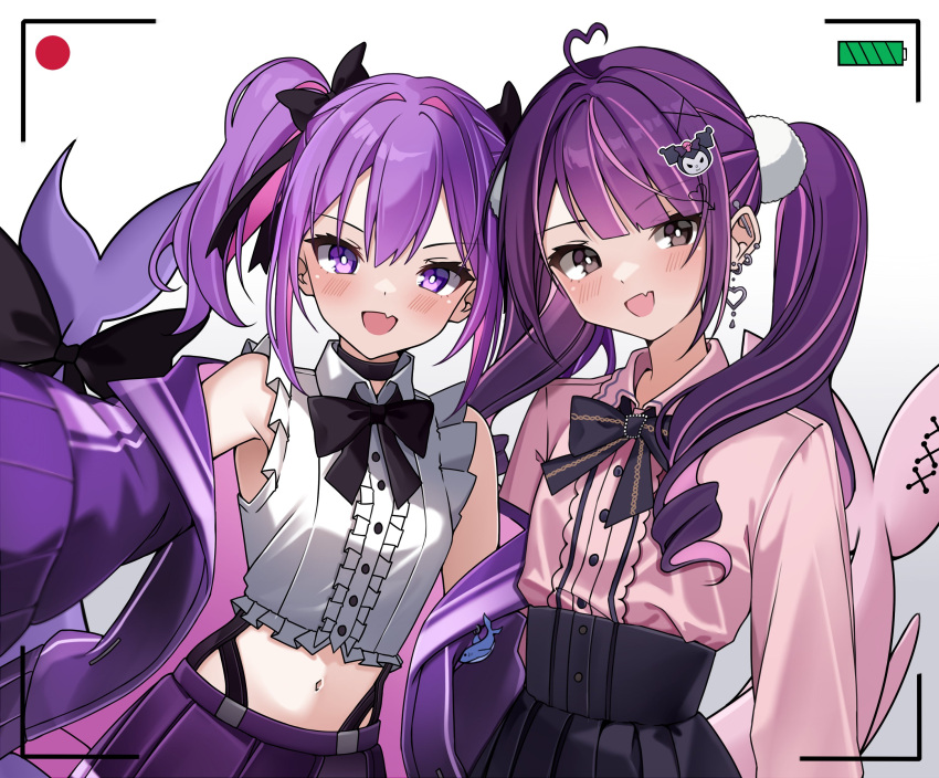 2boys absurdres black_eyes blush bow bowtie cellphone_picture commission commissioner_upload crossdressing earrings fang fins fish_tail hair_ornament hair_ribbon highres jacket jewelry long_hair long_sleeves looking_at_viewer low_twintails moenaomii multiple_boys open_clothes open_jacket open_mouth otoko_no_ko outstretched_arm pink_hair pink_shirt pleated_skirt purple_eyes purple_hair purple_jacket ribbon sammy_same selfie shark shark_tail shirt short_twintails skin_fang skirt smile tail twintails wayanfa white_shirt