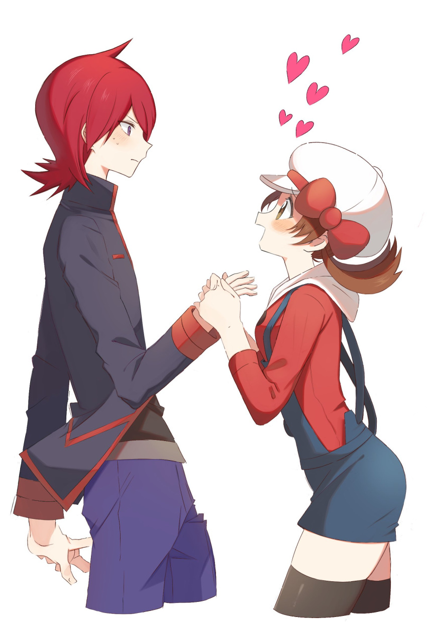 1boy 1girl :d blush brown_eyes brown_hair closed_mouth commentary_request cowlick eye_contact from_side grey_jacket hat heart highres jacket long_hair long_sleeves looking_at_another lyra_(pokemon) nasakixoc open_mouth overalls pants pokemon pokemon_(game) pokemon_hgss purple_pants red_hair red_shirt shirt silver_(pokemon) smile sweat thighhighs white_background white_headwear