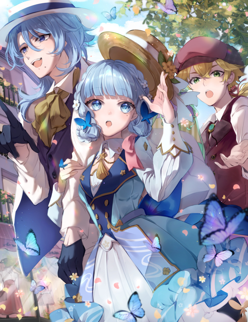 1girl 2boys alternate_costume black_gloves blonde_hair blue_butterfly blue_dress blue_eyes blue_hair blunt_tresses bug building butterfly butterfly_hair_ornament butterfly_ring coat collar dress flower genshin_impact gloves green_eyes hair_between_eyes hair_ornament hat hat_flower hat_leaf highres holding_another's_arm kamisato_ayaka kamisato_ayaka_(springbloom_missive) kamisato_ayato leaf light_blue_hair long_sleeves mole mole_under_eye mole_under_mouth multicolored_clothes multicolored_dress multiple_boys naruka_(ynarukay) official_alternate_costume official_alternate_hairstyle open_mouth puffy_long_sleeves puffy_sleeves red_headwear red_vest ribbon thoma_(genshin_impact) tree vest white_coat white_collar yellow_ribbon
