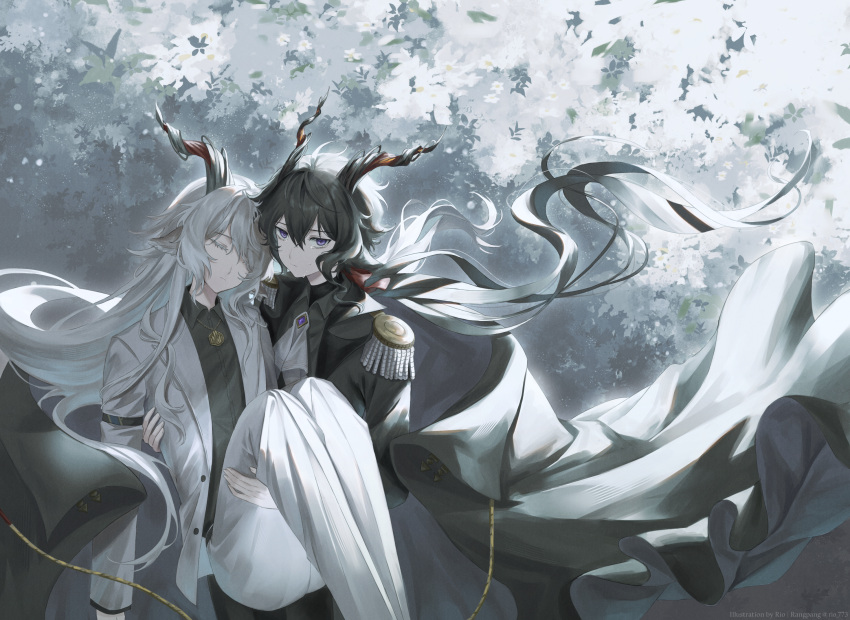 2boys arknights black_cape black_hair black_jacket cape carrying closed_eyes closed_mouth collared_shirt dress_shirt ebenholz_(arknights) epaulettes flower grey_hair grey_shirt hair_between_eyes highres horns jacket kreide_(arknights) long_hair long_sleeves looking_at_viewer male_focus multiple_boys pants princess_carry purple_eyes rio_(rio773) shirt very_long_hair white_flower white_jacket white_pants