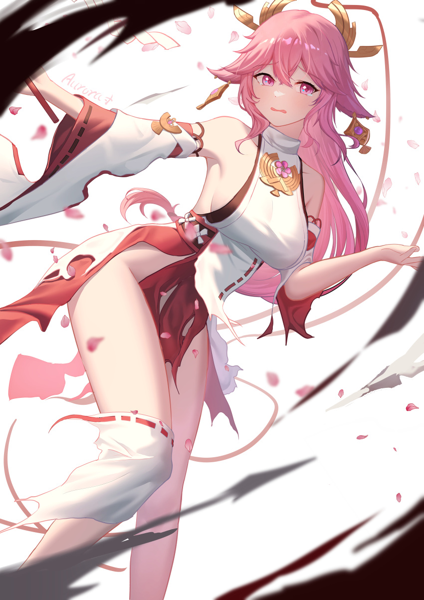 1girl absurdres animal_ears bare_legs bare_shoulders breasts commentary_request detached_sleeves feet_out_of_frame fox_ears genshin_impact gohei hair_between_eyes highres hnbsgy large_breasts long_hair long_sleeves looking_at_viewer open_mouth pink_hair purple_eyes red_skirt revision shirt simple_background skirt sleeveless sleeveless_shirt solo tears thighs torn_clothes torn_skirt very_long_hair white_background white_shirt yae_miko