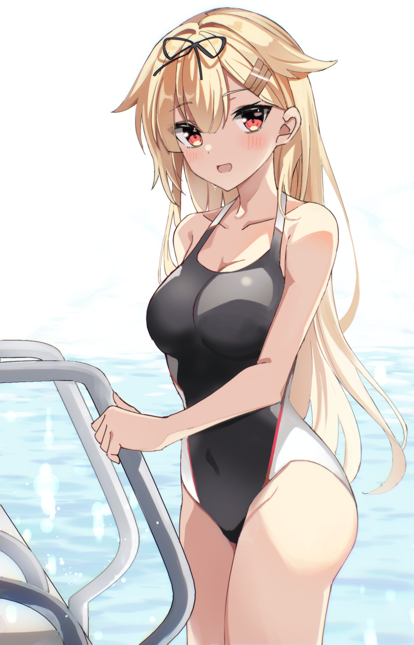 1girl bare_arms bare_legs bare_shoulders black_one-piece_swimsuit black_ribbon blonde_hair blush collarbone cowboy_shot fathom hair_flaps hair_ornament hair_ribbon hairclip highres kantai_collection long_hair one-piece_swimsuit open_mouth red_eyes ribbon smile solo swimsuit water yuudachi_(kancolle) yuudachi_kai_ni_(kancolle)