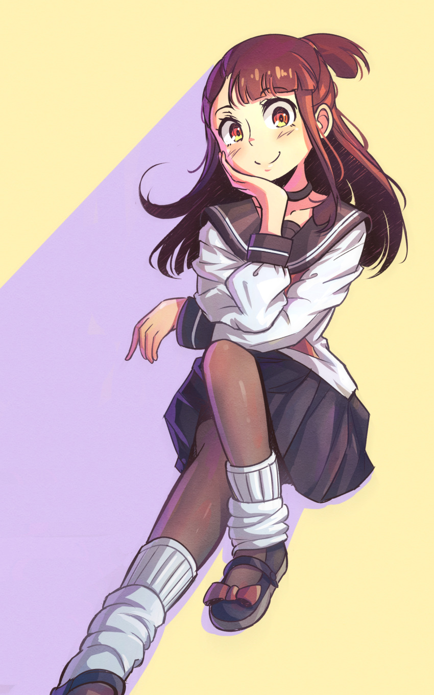 1girl absurdres alternate_costume asymmetrical_bangs black_choker black_sailor_collar black_skirt blunt_bangs brown_eyes brown_hair choker closed_mouth collarbone collared_shirt floating_hair grey_pantyhose head_rest highres kagari_atsuko little_witch_academia long_hair long_sleeves looking_at_viewer loose_socks madabau miniskirt neckerchief one_side_up pantyhose pleated_skirt red_neckerchief sailor_collar sailor_shirt school_uniform serafuku shirt sitting skirt smile socks solo white_shirt white_socks