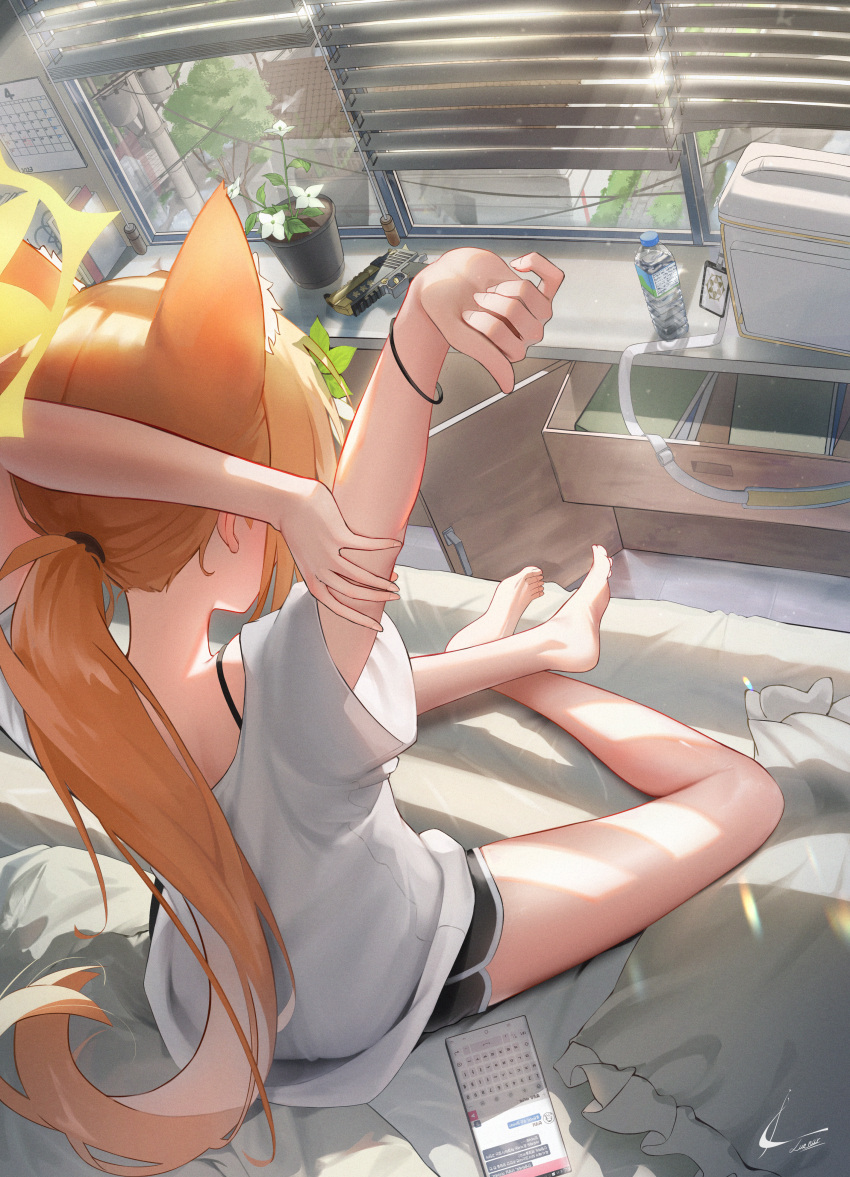 1girl absurdres animal_ears bare_legs barefoot black_shorts blinds blue_archive dolphin_shorts extra_ears fox_ears gun halo handgun highres holding_own_arm indian_style indoors luenar mari_(blue_archive) on_bed orange_hair outstretched_arm plant potted_plant shirt short_shorts shorts sitting solo stretching toes weapon white_shirt