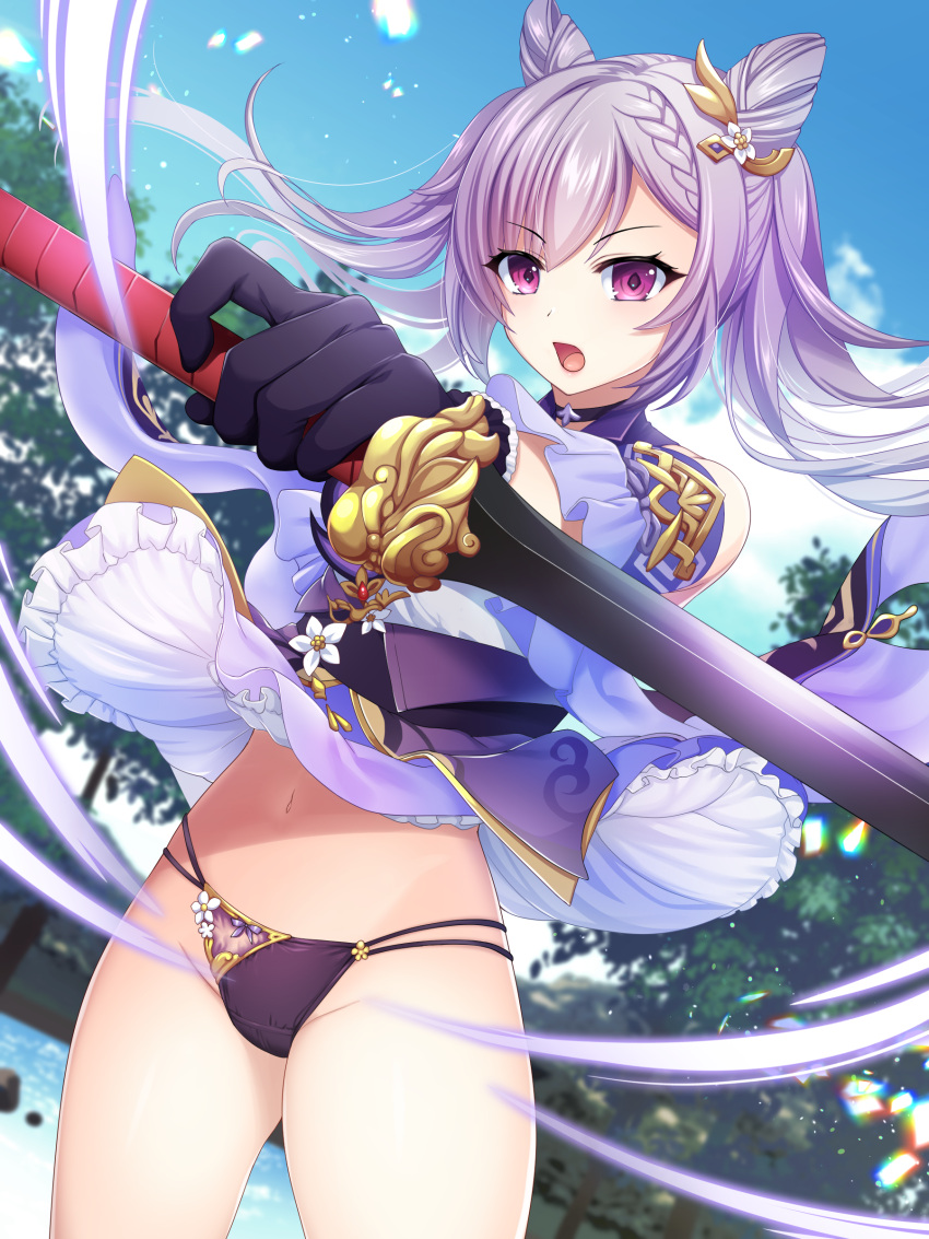 1girl absurdres black_gloves black_panties blush braid choker clothes_lift cone_hair_bun cowboy_shot dot_nose genshin_impact gloves hair_bun highres holding holding_sword holding_weapon keqing_(genshin_impact) left-handed legs_apart long_hair looking_at_viewer open_mouth outdoors panties purple_eyes purple_hair purple_skirt raised_eyebrows reverse_grip side_braid skirt skirt_lift sky solo standing sword thighs tree underwear urajiro443 water weapon wind wind_lift