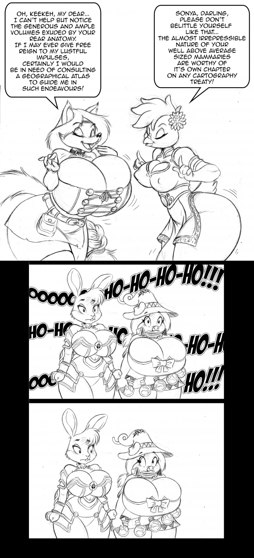 2023 absurd_res accessory alarmed anthro armor avian bea_(chochi) big_breasts big_butt bird bodice bow_(ribbon) braided_hair breasts butt canid canine chicken chochi choker cleavage clothed clothing comic dialogue domestic_pig english_text eyes_closed female flower flower_in_hair fox galliform gallus_(genus) group hair hair_accessory hat headgear headwear hi_res jewelry keekeeh lagomorph laugh leporid looking_at_another magic_user mammal necklace nipple_outline open_mouth peggy_(chochi) phasianid plant potion rabbit sonya_(chochi) suid suina sus_(pig) text vial witch_hat