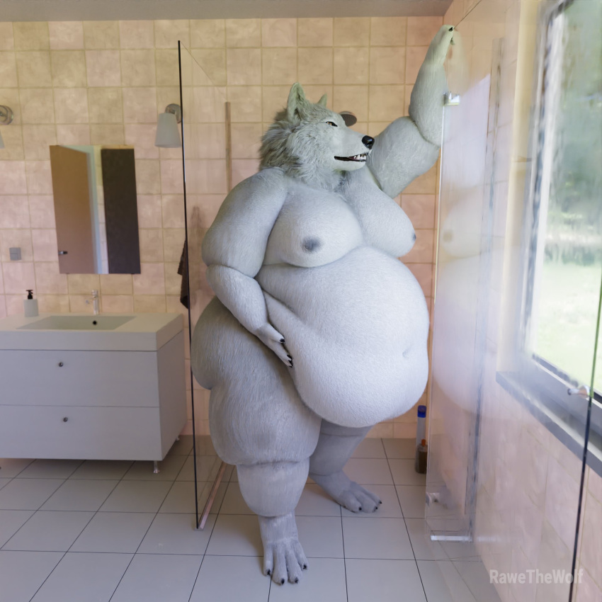 2023 3d_(artwork) anthro bathroom bathroom_floor bathroom_sink bathroom_wall belly belly_overhang belly_play belly_squish big_belly big_moobs black_nails canid canine canis cheek_tuft claws colored_nails digital_media_(artwork) facial_tuft fangs fat_arms fat_rolls fluffy fur glass_surface hi_res huge_belly inside looking_at_self looking_at_window looking_away male mammal moobs nails navel nude obese obese_anthro obese_male open_mouth overweight overweight_anthro overweight_male pose rawethewolf reflection solo squish standing teeth thick_arms thick_thighs tuft white_body white_fur wolf yellow_eyes
