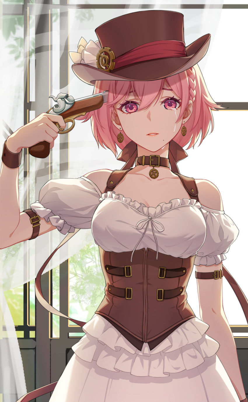 1girl absurdres baiou_(crazy_ones) bare_shoulders blouse breasts brown_headwear crazy_ones dirndl earrings german_clothes gun gun_to_head hat highres holding holding_gun holding_weapon jewelry medium_breasts official_art pink_eyes pink_hair puffy_short_sleeves puffy_sleeves shirt short_hair short_sleeves skirt solo weapon white_shirt white_skirt