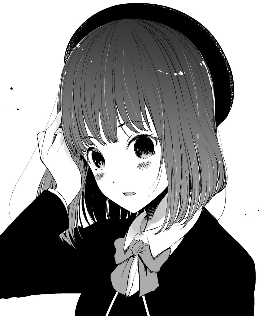 1girl absurdres akasaka_aka arima_kana blush greyscale hand_in_own_hair hat highres monochrome official_art open_mouth oshi_no_ko ribbon school_uniform short_hair solo yokoyari_mengo youtou_high_school_uniform