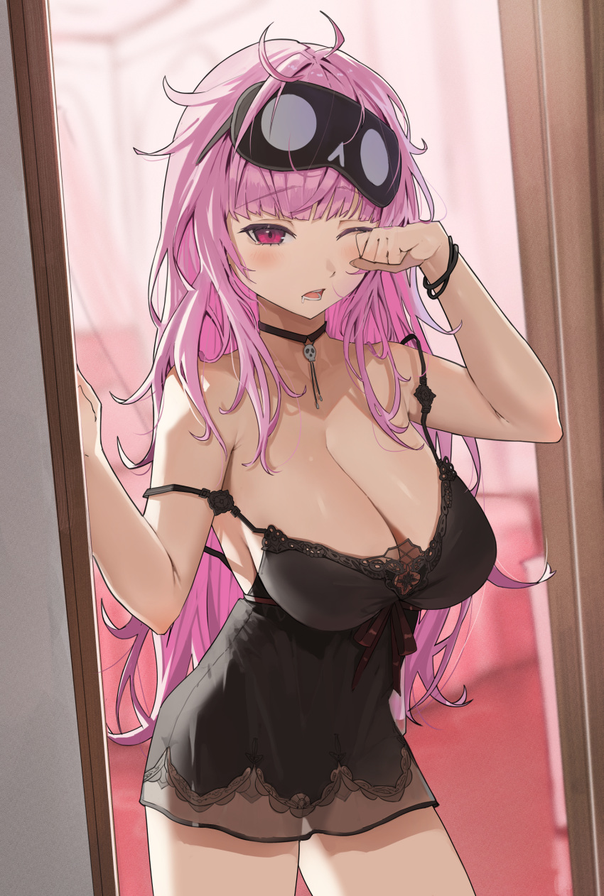1girl archinoer bare_shoulders black_choker black_mask black_nightgown blush breasts choker cleavage collarbone earrings eye_mask highres hololive hololive_english jewelry large_breasts long_hair mask mask_on_head messy_hair mori_calliope mori_calliope_(6th_costume) nightgown one_eye_closed open_mouth pink_eyes pink_hair red_eyes skull_choker skull_collar skull_earrings sleep_mask solo virtual_youtuber