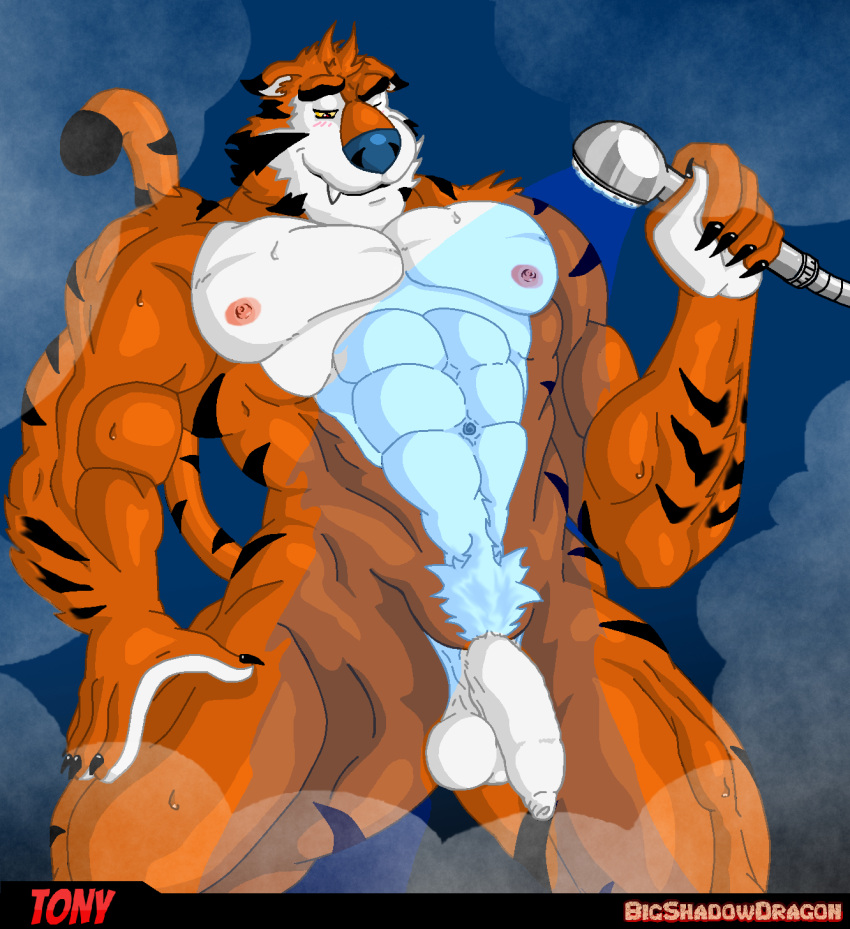 abs anthro balls biceps bigshadowdragon blue_nose casual_nudity deltoids felid feline felis flaccid foreskin frosted_flakes fur genitals hi_res humanoid_genitalia humanoid_hands humanoid_penis kellogg's male mammal mascot muscular muscular_anthro muscular_male navel nipples nude orange_body pantherine pecs penis plantigrade quads shower simple_background solo steam stripes tiger tony_the_tiger unretracted_foreskin white_body