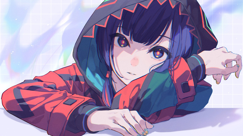 1girl black_jacket black_shirt blue_eyes blue_hair blue_nails commentary elbows_on_table grid_background hair_over_shoulder head_rest highres hood hood_up hooded_jacket jacket kamitsubaki_studio long_sleeves looking_at_viewer low_ponytail multicolored_clothes multicolored_eyes multicolored_hair multicolored_jacket multicolored_nails parted_lips red_eyes red_hair red_jacket rim_(kamitsubaki_studio) ritao_kamo shadow shirt solo streaked_hair symbol-only_commentary table upper_body virtual_youtuber yellow_nails yellow_pupils