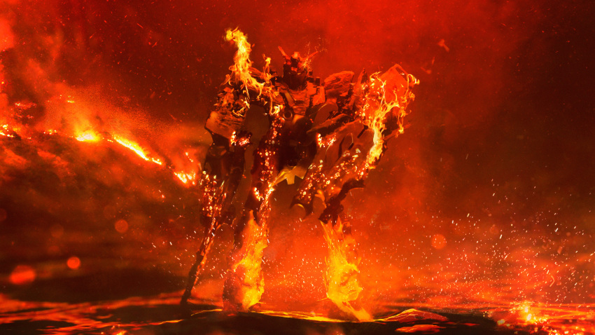 absurdres almazdjus bad_end beam_rifle blurry blurry_background burning character_request copyright_request debris destruction energy_gun fire glowing glowing_hot gundam highres mecha melting mobile_suit molten_rock no_humans realistic robot science_fiction shield volcano weapon