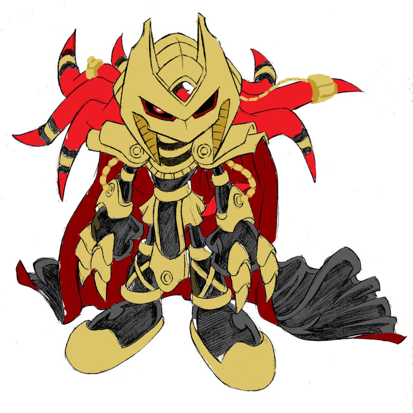 1boy archie_comics armor cape enerjak_(sonic) full_body furry furry_male gloves gold_armor gold_trim highres male_focus mask official_art red_eyes red_fur shoes shorts_under_shorts simple_background solo sonic_(series) sonic_the_hedgehog_(archie_comics) spiked_gloves spiked_knuckles tracy_yardley white_background