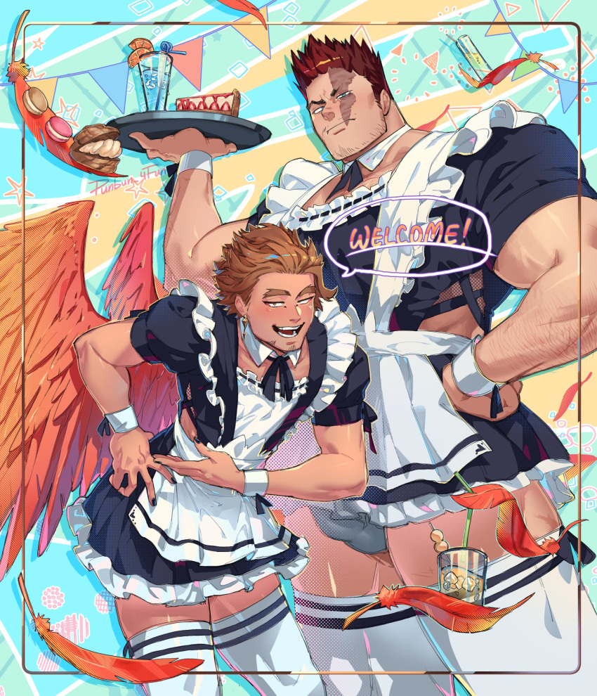 2boys absurdres alternate_costume apron arm_hair bara beard beard_stubble black_dress black_nails boku_no_hero_academia bowing bulge clothing_cutout crossdressing dress endeavor_(boku_no_hero_academia) enmaided facial_hair feathered_wings feathers hawks_(boku_no_hero_academia) highres holding holding_tray large_pectorals maid maid_apron maid_day male_focus mature_male multiple_boys muscular muscular_male nipples pectorals punbun_4fun red_feathers scar scar_across_eye short_hair short_sleeves side_cutout spiked_hair thick_thighs thighhighs thighs tray white_apron white_thighhighs wings wrist_cuffs yaoi