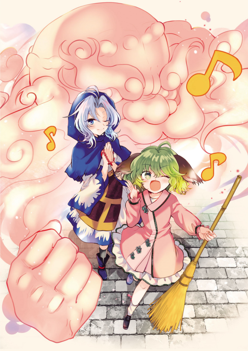 1boy 2girls animal_ears bald bamboo_broom blue_eyes blue_hair broom cloud dog_ears dress green_eyes green_hair highres holding holding_broom hood kasodani_kyouko kesa kumoi_ichirin long_sleeves multiple_girls musical_note nun open_mouth pink_dress poprication short_hair skirt smile strange_creators_of_outer_world touhou unzan