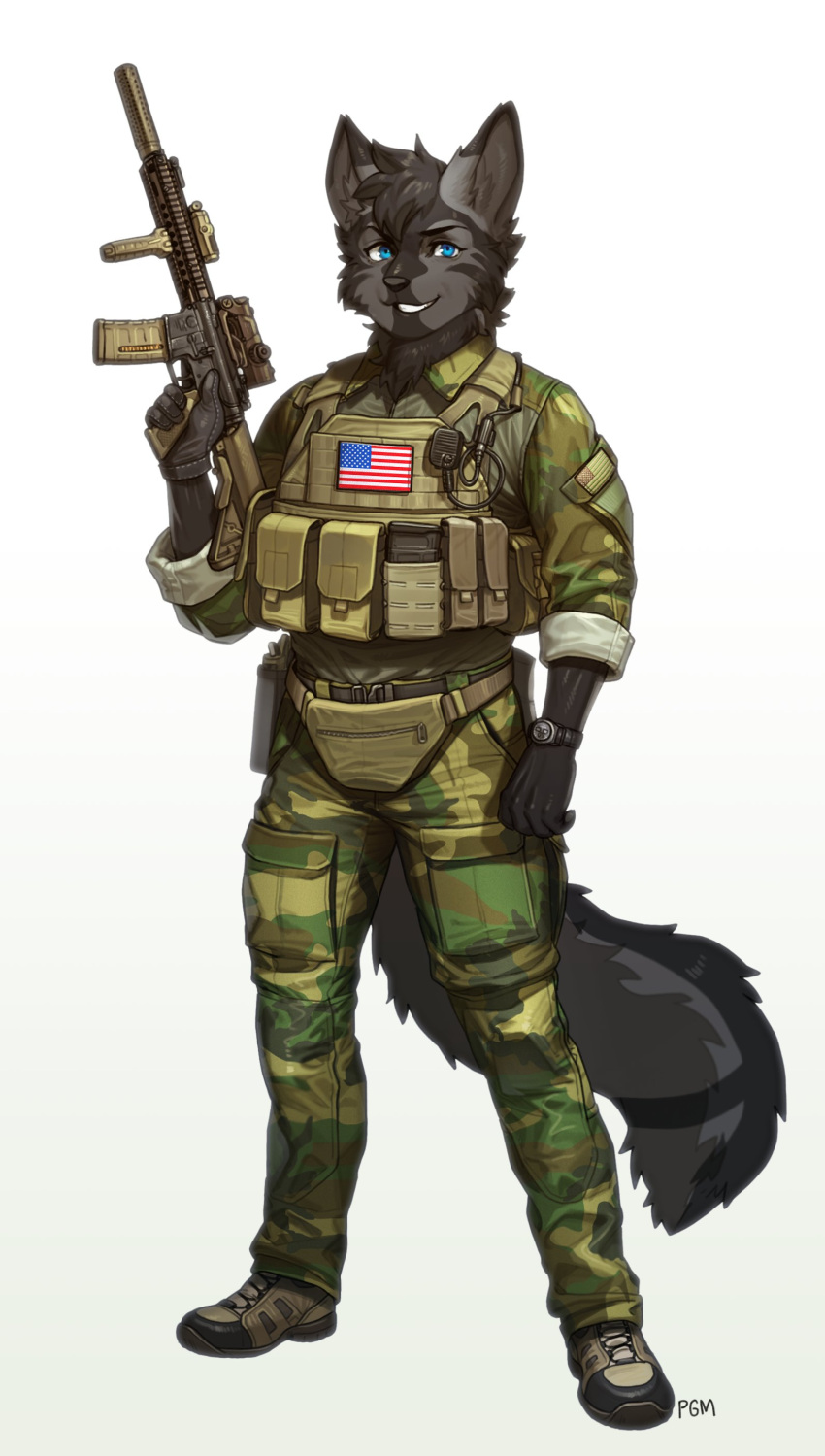 absurd_res anthro assault_rifle black_body black_fur blue_eyes bulletproof_vest camo canid clock clothing eyebrows forward_grip fur gloves gun handwear hi_res inner_ear_fluff looking_at_viewer male mammal pgm300 ranged_weapon rifle scope smile solo stars_and_stripes tuft uniform united_states_of_america watch weapon wristwatch