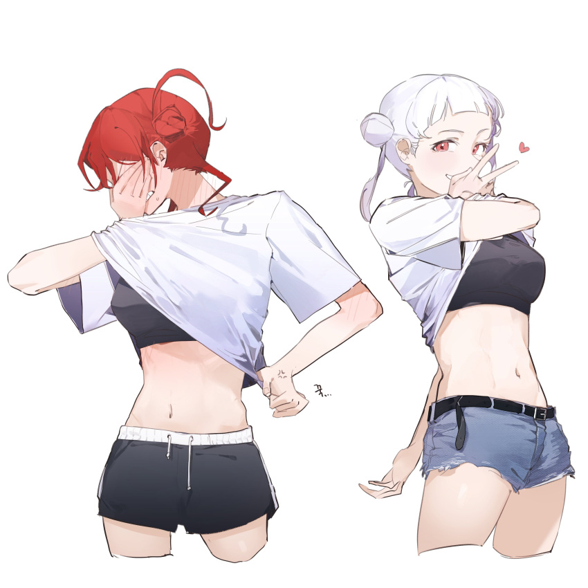 2girls absurdres arashi_chisato artist_request black_shorts black_sports_bra blue_shorts blunt_bangs clothes_lift hair_bun highres lifted_by_self long_hair looking_at_viewer love_live! love_live!_superstar!! midriff multiple_girls navel red_eyes red_hair shirt shirt_lift short_hair short_shorts shorts simple_background smile sports_bra v white_background white_hair white_shirt yoneme_mei