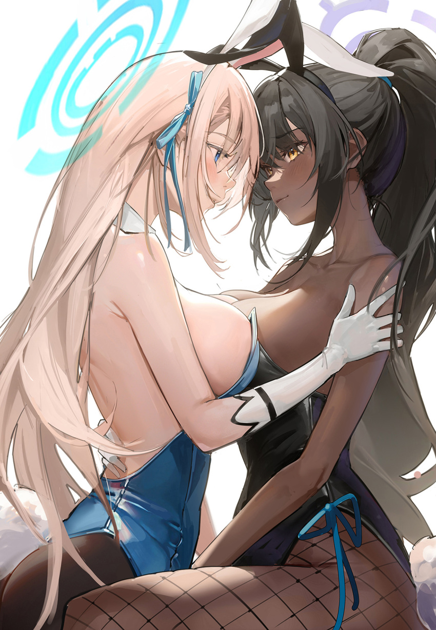 2girls animal_ears asuna_(blue_archive) asuna_(bunny)_(blue_archive) backless_leotard bare_shoulders black_hair black_leotard black_pantyhose blue_archive blue_eyes blue_leotard blue_ribbon blush breast_press breasts closed_mouth collarbone dark-skinned_female dark_skin detached_collar drive_shot elbow_gloves eye_contact face-to-face fake_animal_ears fake_tail fishnet_pantyhose fishnets gloves hair_ribbon halo hand_on_another's_back hand_on_another's_shoulder heads_together highres karin_(blue_archive) karin_(bunny)_(blue_archive) large_breasts leotard light_brown_hair light_smile long_hair looking_at_another multiple_girls official_alternate_costume pantyhose playboy_bunny ponytail profile rabbit_ears rabbit_tail ribbon sidelocks simple_background sitting strapless strapless_leotard symmetrical_docking tail very_long_hair white_background white_gloves yellow_eyes yuri
