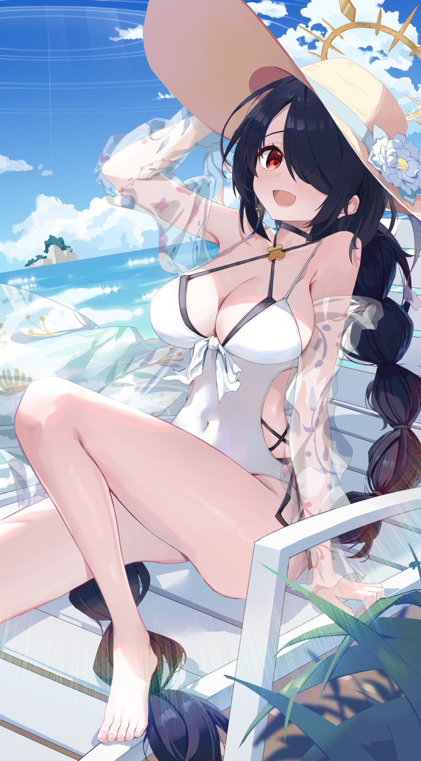 1girl absurdres black_hair blue_archive breasts chair covered_navel earrings flower hair_over_one_eye halo hat hat_flower highres hinata_(blue_archive) hinata_(swimsuit)_(blue_archive) jewelry large_breasts long_hair lounge_chair ocean one-piece_swimsuit red_eyes shi_classmate single_earring sun_hat swimsuit very_long_hair white_one-piece_swimsuit