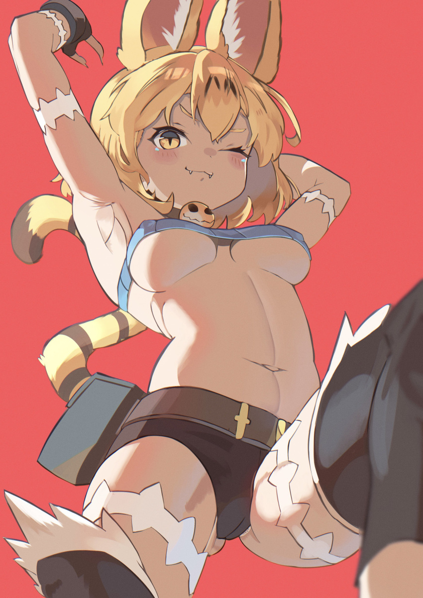 1girl :3 absurdres animal_ears armpits arms_up bare_shoulders belt belt_pouch black_gloves black_leggings blonde_hair blue_shirt blush breasts brown_belt cat_ears cat_tail commentary cosplay covered_nipples crop_top detached_leggings extra_ears fangs fangs_out fingerless_gloves fingernails foot_out_of_frame gloves hair_between_eyes highres kemono_friends leggings looking_at_viewer medium_breasts midriff ms._fortune_(skullgirls) ms._fortune_(skullgirls)_(cosplay) navel one_eye_closed osnmykk pouch red_background scar serval_(kemono_friends) sharp_fingernails shirt short_hair short_shorts shorts simple_background skullgirls sleeveless sleeveless_shirt slit_pupils smile solo tail underboob v-shaped_eyebrows yellow_eyes