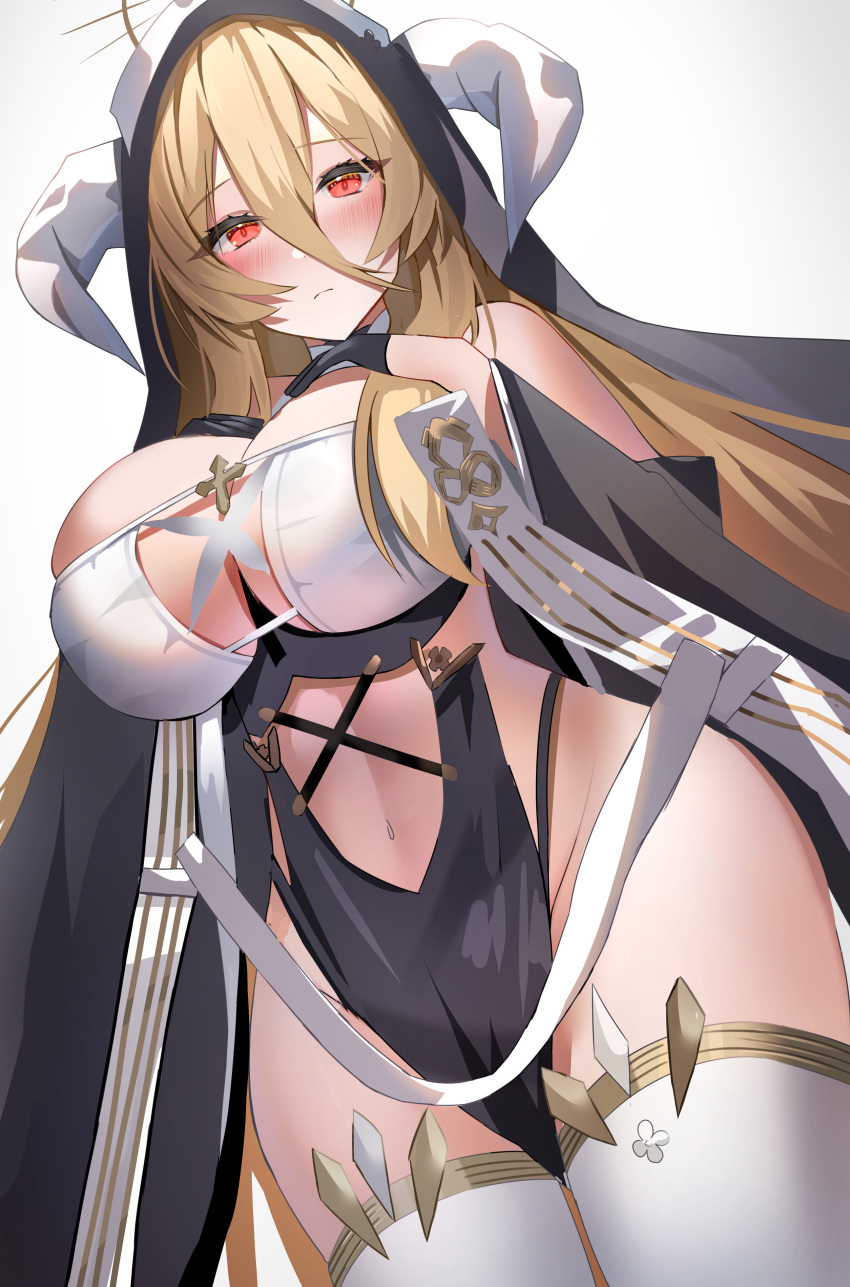 1girl aa44 absurdres azur_lane bare_shoulders black_gloves blonde_hair blush breasts clothing_cutout fake_horns framed_breasts from_below gloves hair_between_eyes half_gloves hands_on_own_chest highres horns implacable_(azur_lane) large_breasts long_bangs long_hair long_sleeves looking_at_viewer looking_down no_panties nun pelvic_curtain red_eyes revealing_clothes simple_background skindentation solo stomach_cutout thighhighs very_long_hair white_background white_horns white_thighhighs wide_sleeves