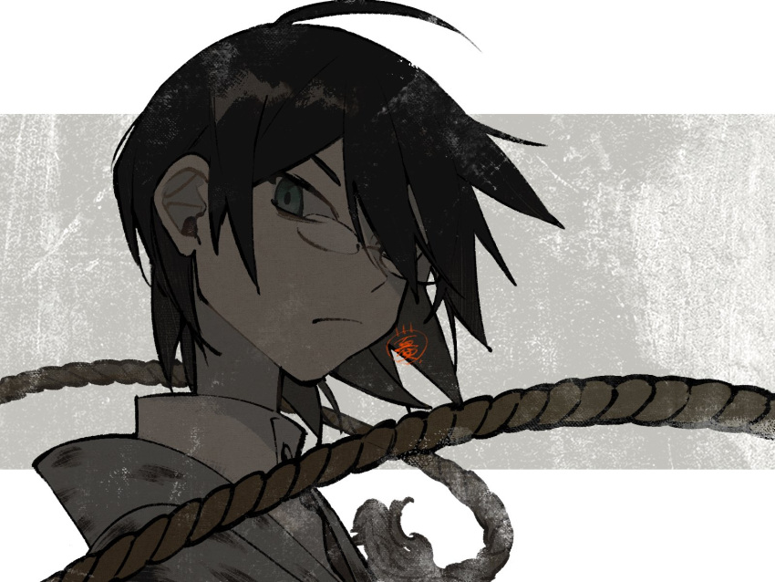 1boy ahoge black_hair closed_mouth green_eyes hair_between_eyes hair_over_one_eye highres itoshiki_nozomu japanese_clothes looking_at_viewer male_focus migato rope sayonara_zetsubou_sensei signature simple_background solo two-tone_background upper_body