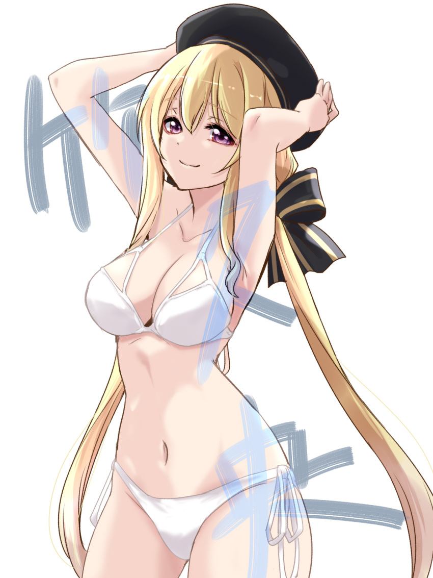 1girl arms_up assault_lily bare_arms bare_shoulders beret bikini black_bow black_headwear blonde_hair bow breasts character_name cleavage closed_mouth collarbone commentary_request cowboy_shot hair_between_eyes hair_bow hands_on_headwear hat highres long_hair looking_ahead low_twintails medium_breasts multi-strapped_bikini navel purple_eyes side-tie_bikini_bottom sidelocks simple_background smile solo standing stomach striped striped_bow swimsuit takehisa_nakaba translated twintails urutsu_sahari very_long_hair white_background white_bikini