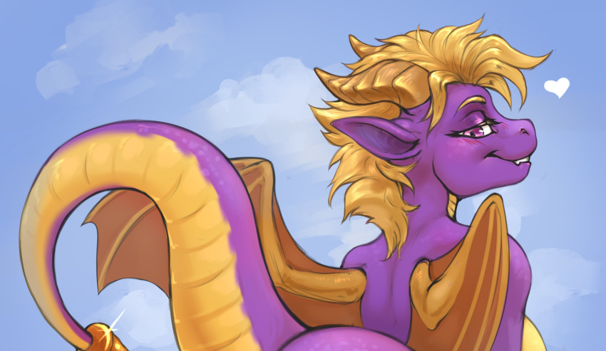 &lt;3 activision anthro blonde_hair blush breasts butt cloudscape cropped crossgender digital_media_(artwork) dragon female grin grinning_at_viewer hair hi_res horn looking_at_viewer looking_back looking_back_at_viewer membrane_(anatomy) membranous_wings mtf_crossgender nude open_mouth purple_body purple_eyes purple_scales scales scalie simple_background sky smile solo spyro spyro_the_dragon tail teaser teasing teasing_viewer tgt1512 western_dragon wings yellow_body yellow_scales