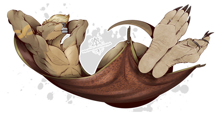 anthro barefoot claws feet foot_fetish foot_focus fur hair hammock hi_res kredri lying male mammal mustelid nude otter paws simple_background smile soles solo tail toe_claws toes
