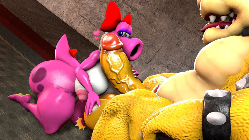 &lt;3 16:9 3d_(artwork) accessory anthro areola balls big_balls big_breasts big_penis birdo birdo_(character) bow_(feature) bow_accessory bow_ribbon bowser breasts butt castle claws cobaltapple detailed_background digital_media_(artwork) duo erection feet female genitals hair_accessory hair_bow hair_ribbon hi_res huge_balls huge_penis humanoid humanoid_genitalia humanoid_penis inside kneeling kneeling_oral_position koopa male mammal mario_bros muscular nintendo nipples nude open_mouth penis pink_body reptile ribbons scalie siphon_(anatomy) smile source_filmmaker spikes tail thick_thighs toe_claws tongue tongue_out widescreen