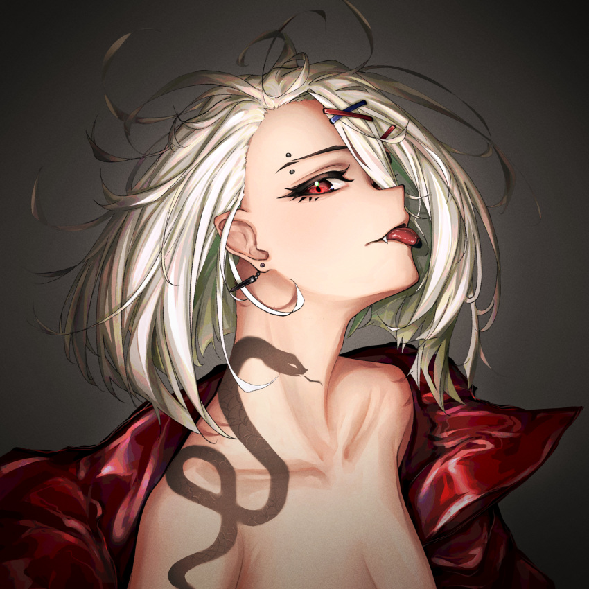 1girl absurdres azuisei bare_shoulders breasts cleavage collarbone commentary earrings english_commentary eyebrow_piercing fang from_side girls'_frontline grey_background hair_ornament hair_over_one_eye hairclip highres jacket jewelry looking_at_viewer medium_hair naked_jacket off_shoulder open_clothes open_jacket piercing red_eyes red_jacket simple_background snake_tattoo solo sr-2_(girls'_frontline) tattoo tongue tongue_out upper_body white_hair