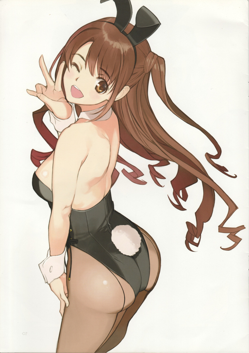 1girl absurdres animal_ears ass bare_shoulders black_leotard breasts brown_eyes brown_hair detached_collar fake_animal_ears fake_tail hair_ornament hand_up highleg highleg_leotard highres idolmaster idolmaster_cinderella_girls leotard long_hair looking_back medium_breasts mibu_natsuki one_eye_closed open_mouth page_number playboy_bunny rabbit_ears rabbit_tail scan shimamura_uzuki shiny_clothes simple_background smile solo strapless strapless_leotard tail teeth upper_teeth_only v white_background wrist_cuffs