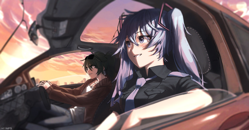 2girls armrest black_shirt blue_eyes blue_hair blue_necktie blue_pants blush breast_pocket car car_interior commentary_request dashboard dual_persona eyewear_on_head green_hair hair_ornament hatsune_miku highres jacket jiho_jyo_1 koi_wa_sensou_(vocaloid) lamppost long_hair motor_vehicle multiple_girls necktie official_alternate_costume open_clothes open_jacket pants pocket red_jacket shirt sitting smile steering steering_wheel suna_no_wakusei_(vocaloid) sunglasses sunroof sunset t-shirt teeth twintails vocaloid white_shirt