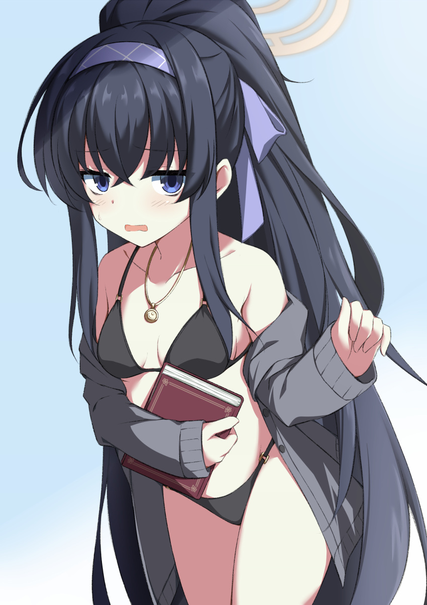 1girl asagi_nanami bare_shoulders bikini black_bikini blue_archive blue_eyes blue_ribbon blush book breasts cardigan collarbone commentary_request cowboy_shot crossed_bangs grey_sweater hair_between_eyes hair_ribbon halo hand_up highres holding holding_book jewelry jitome light_blue_background long_hair long_sleeves looking_at_viewer necklace off_shoulder open_cardigan open_clothes open_mouth ponytail ribbon sidelocks simple_background small_breasts solo standing straight_hair sweatdrop sweater swimsuit ui_(blue_archive) ui_(swimsuit)_(blue_archive) very_long_hair wavy_mouth yellow_halo