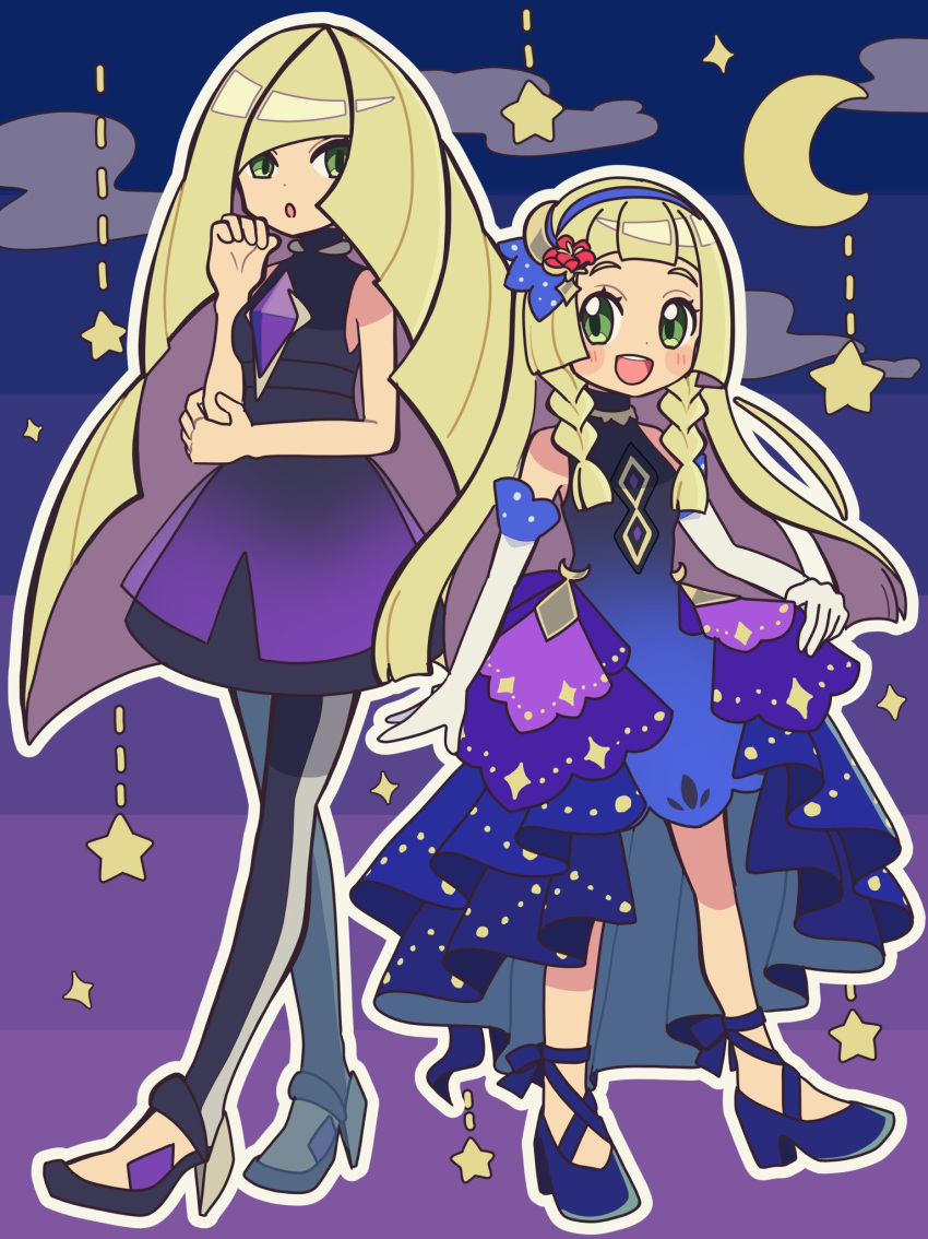 2girls :o bare_shoulders blonde_hair blunt_bangs braid commentary_request crescent dress elbow_gloves flower gloves green_eyes hair_flower hair_ornament hand_on_own_face high_heels highres holding holding_clothes holding_dress kokashiho lillie_(anniversary_2021)_(pokemon) lillie_(pokemon) long_hair lusamine_(pokemon) multiple_girls pokemon pokemon_(game) pokemon_masters_ex purple_dress smile star_(symbol) twin_braids white_gloves