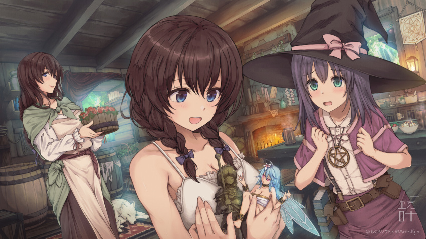 4girls apron blue_eyes blue_hair bra braid breasts brown_hair bucket claret_(seikishi_ricca) clenched_hand closed_mouth collarbone dog dress fairy fairy_wings flower foley_anden frown green_eyes hair_flower hair_ornament happy hat highres holding holding_bucket holding_statuette indoors iris_(seikishi_ricca) jewelry long_hair looking_at_another medium_breasts miria_(seikishi_ricca) multiple_girls necklace official_art open_mouth pink_eyes purple_hair purple_skirt ribbon-trimmed_sleeves ribbon_trim ricca_(seikishi_ricca) seikishi_ricca_no_monogatari siblings sidelocks sisters skirt smile standing statue strapless tube_top twin_braids underwear white_apron white_bra white_fur wings wizard wizard_hat wooden_bucket