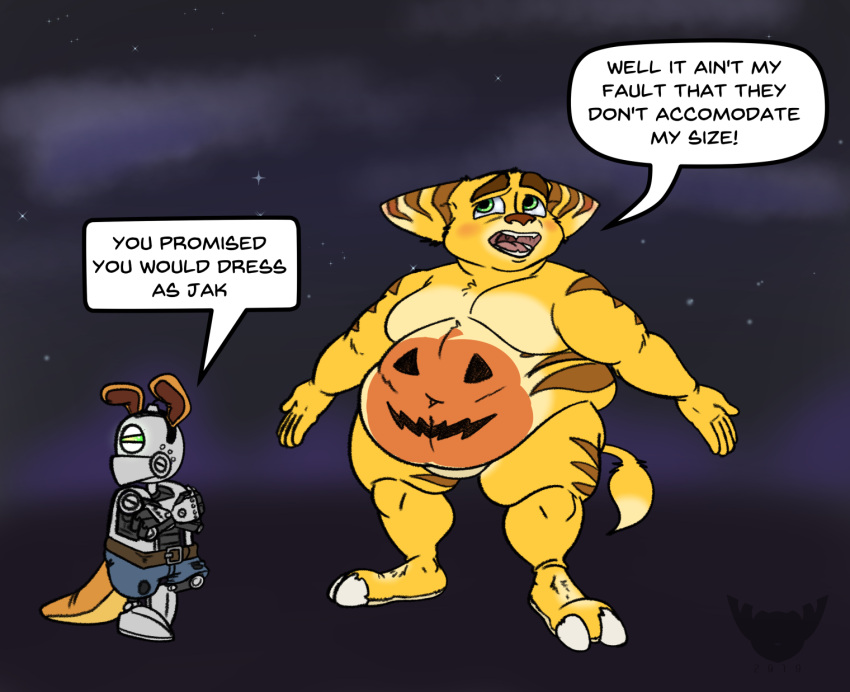 2019 anthro arms_out basicbiscuit belly belt big_belly bodypaint bottomwear clank_(ratchet_and_clank) clothing costume crossed_arms dialogue duo fake_ears fake_tail fangs fur halloween halloween_costume head_turned hi_res holidays jack-o'-lantern jak_and_daxter lombax looking_away machine male mammal narrowed_eyes naughty_dog navel night nude nude_anthro nude_male obese obese_anthro obese_male open_mouth overweight overweight_anthro overweight_male ratchet ratchet_and_clank robot shorts signature sky sony_corporation sony_interactive_entertainment speech_bubble standing star starry_sky tail tail_tuft teeth text tongue tuft