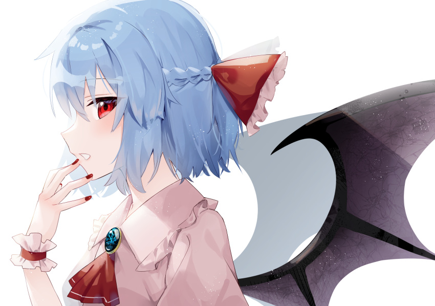 1girl ascot bat_wings blue_brooch blue_hair braid brooch collared_shirt french_braid frilled_shirt_collar frills from_side hand_to_own_mouth highres jewelry nail_polish no_headwear pink_shirt puffy_short_sleeves puffy_sleeves red_ascot red_eyes red_nails remilia_scarlet shadow shirt short_hair short_sleeves simple_background solo suikario touhou upper_body white_background wings wrist_cuffs