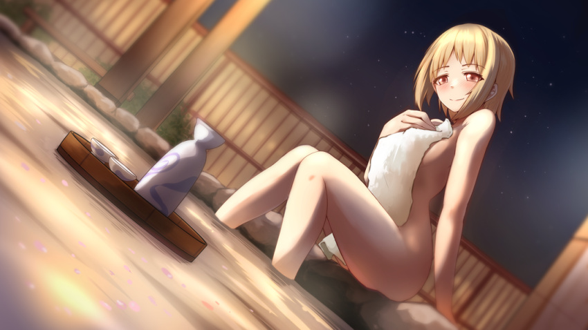 1girl bamboo_fence bath blonde_hair blush breasts brown_eyes choko_(cup) closed_mouth commentary_request commission covered_nipples covering cup dutch_angle fence girls'_frontline half-closed_eyes holding holding_towel medium_breasts minami_shin_(zenshuu_bougyo) mp40_(girls'_frontline) naked_towel night night_sky nude_cover onsen outdoors petals petals_on_liquid rock short_hair skeb_commission sky smile soaking_feet solo steam tokkuri towel water