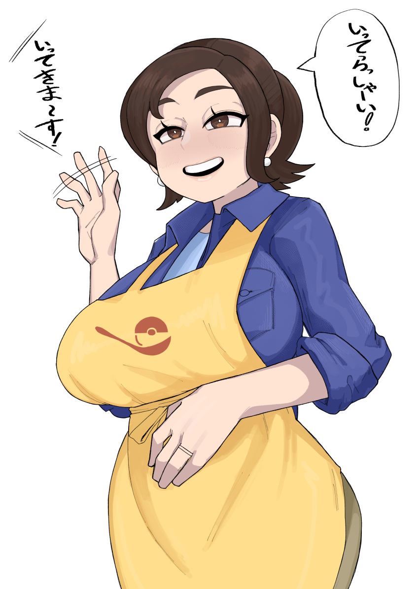 1girl absurdres apron blue_shirt breast_pocket breasts brown_eyes brown_hair collared_shirt curvy earrings half-closed_eyes highres jewelry large_breasts long_sleeves mature_female medium_hair open_mouth paldea_mother pocket pokemon pokemon_(game) pokemon_sv shinsutebachi shirt simple_background sleeves_rolled_up smile speech_bubble translation_request waving white_background