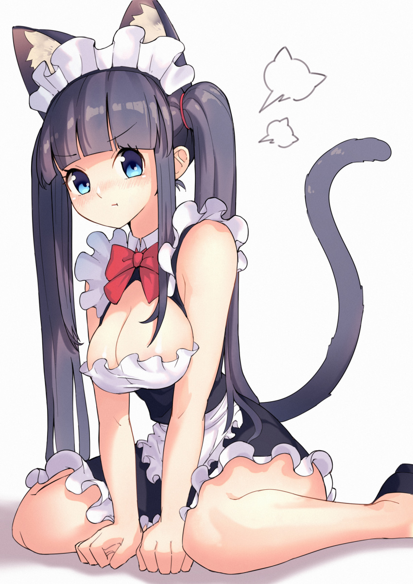 1girl animal_ear_fluff animal_ears apron arms_between_legs arukiru bare_arms bare_legs black_footwear black_hair blue_eyes blunt_bangs blush bow bowtie breasts cat_ears cat_girl cat_tail cleavage clenched_hands closed_mouth collared_dress dress foot_out_of_frame frilled_dress frills highres leaning_forward light_blush long_hair looking_at_viewer maid maid_headdress medium_breasts nose_blush original pout red_bow red_bowtie shadow shoes short_dress sidelocks simple_background sitting sleeveless sleeveless_dress solo straight_hair tail tail_raised twintails two-tone_dress v-shaped_eyebrows wariza white_apron white_background